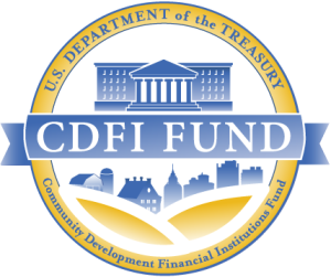 The logo of the Community Development Financial Institutions Fund featuring stylized images of the U.S. Department of the Treasury and an urban community.