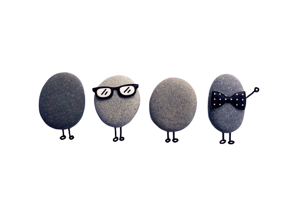 Four flat, smooth, two-legged stones—one wearing eyeglasses and another wearing a bowtie and waving—stand in a row and face the camera.